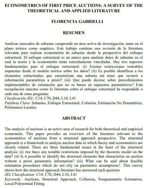 RedNIE5's tweet photo. Este trabajo contiene una revisión de la literatura  relevante para realizar econometría de subastas desde la perspectiva del enfoque  estructural 

Por @FlorGabrielli1 

https://t.co/GaGQGLtzho https://t.co/ffbxHOoVfR