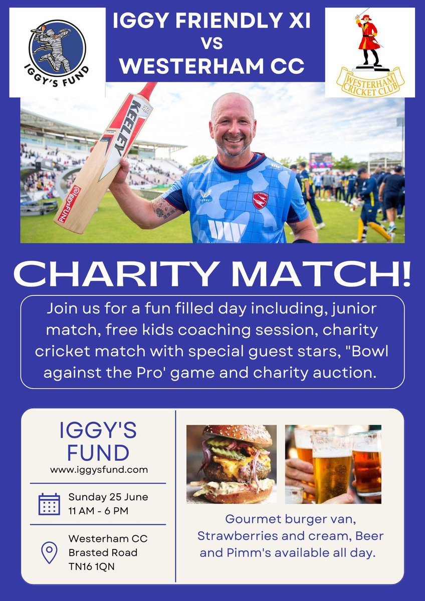 The weather looks good for Sunday! Come and see @KentCricket legends Darren Stevens Martin McCague former Essex and Leicestershire wicket keeper Neil Burns and local boy ex @EnglandFootball and @CPFC legend John Salako plus a surprise guest or 2 @philtufnell #iggy #iggysfund