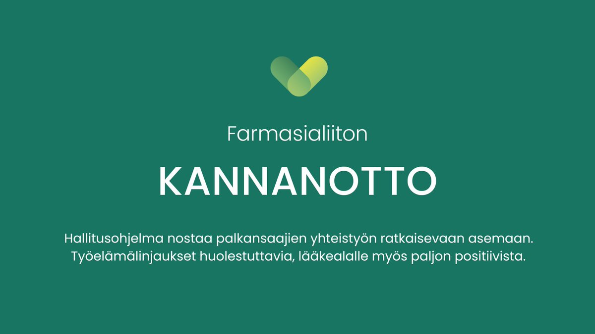 farmasialiitto's tweet photo. Hallitusohjelma nostaa palkansaajien yhteistyön ratkaisevaan asemaan. Työelämälinjaukset huolestuttavia, lääkealalle myös paljon positiivista. Lue Farmasialiiton kannanotto: https://t.co/uRi3G15JTd

#hallitusohjelma https://t.co/ydtHkKZcOL