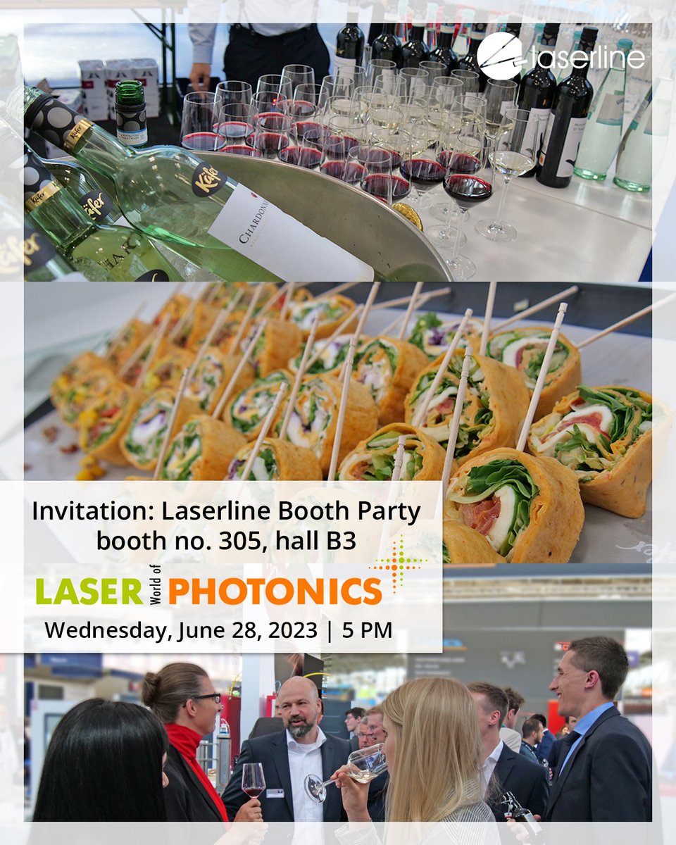 LaserlineGmbH's tweet photo. Not only are we excited about our appearance at the #LWoP next week, but also to invite you to our #Laserline booth party on June 28, 2023 starting at 5 PM! Please feel free to join us at booth no. 305, hall B3 for drinks, snacks, good music and talks!
Cheers! @PHOTONICSWORLD https://t.co/IuU8kgUydh