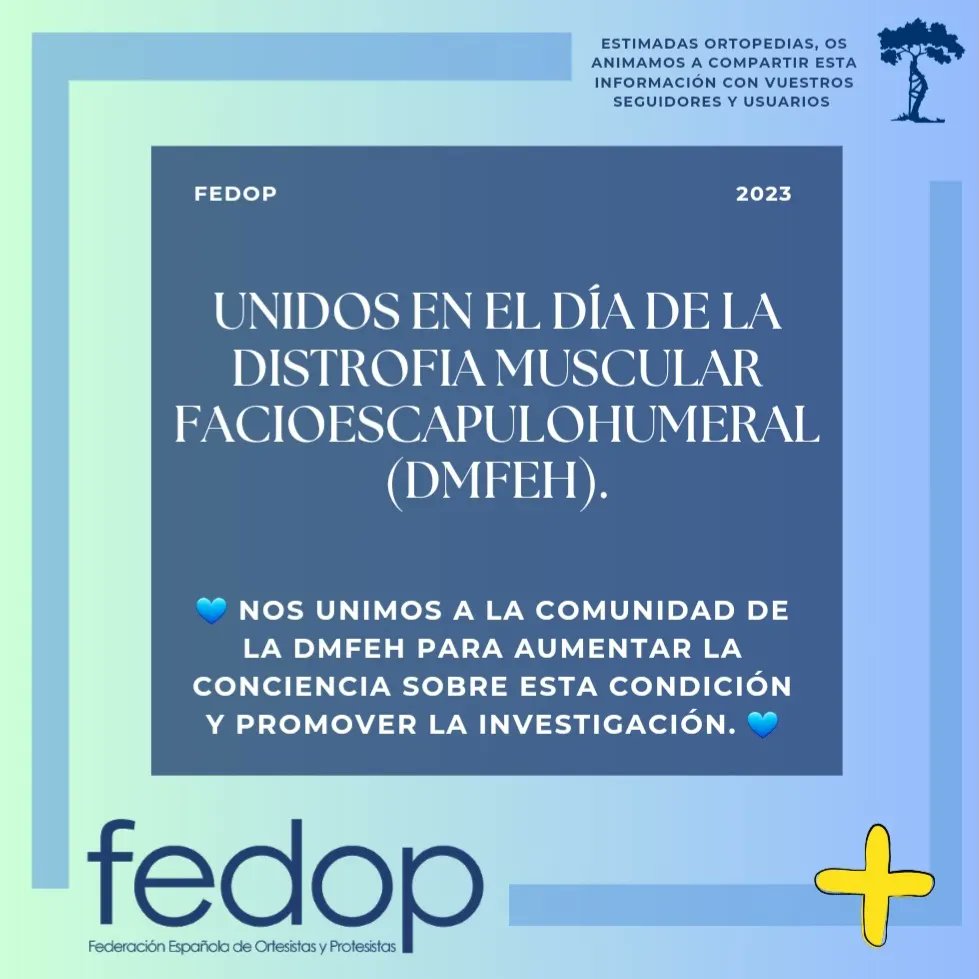 Fedop_ES's tweet photo. 💪💙 Unidos en el Día de la Distrofia Muscular FacioEscapuloHumeral (DMFEH).

La ortopedia ofrece soluciones que mejoran la calidad de vida de los usuarios, y luchan por garantizar que las personas afectadas tengan acceso a soluciones que mejoren su movilidad y bienestar. 💙💪 https://t.co/S0Tj9TTmyz