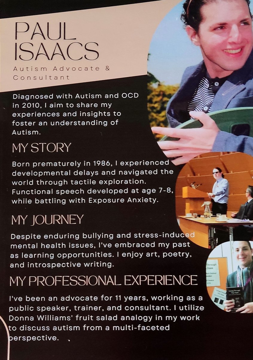 PaulIsaacs22's tweet image. Paul Isaacs Autism Advocate , Trainer &amp;amp; Consultant

This is my new professional flyer which states my diagnosis, my story and developmental history, my journey and professional experience.

#paulisaacs #autismflyer #autismadvocate #autismtrainer #autismconsultant #booking #flyer