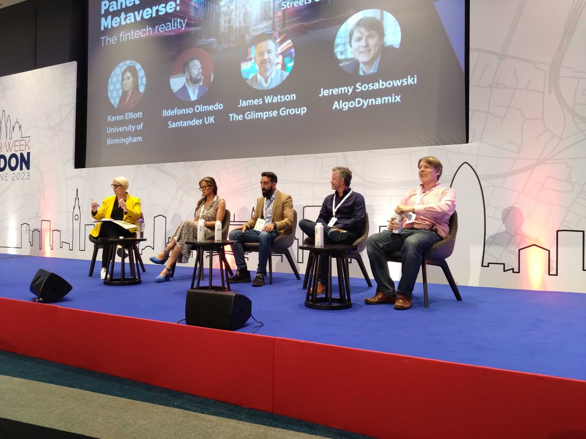 FintechWeekLDN's tweet photo. Panel Metaverse: The fintech reality with @streets_julia (@StreetsConsult), Karen Elliott (@unibirmingham), Ildefonso Olmedo (@santanderuk), Jeremy Sosabowski (@algodynamix) and James Watson (Glimpse Markets).

#FTWLondon2023 #fintechevent2023 #fintechconference2023 https://t.co/iqgKTY2dz2