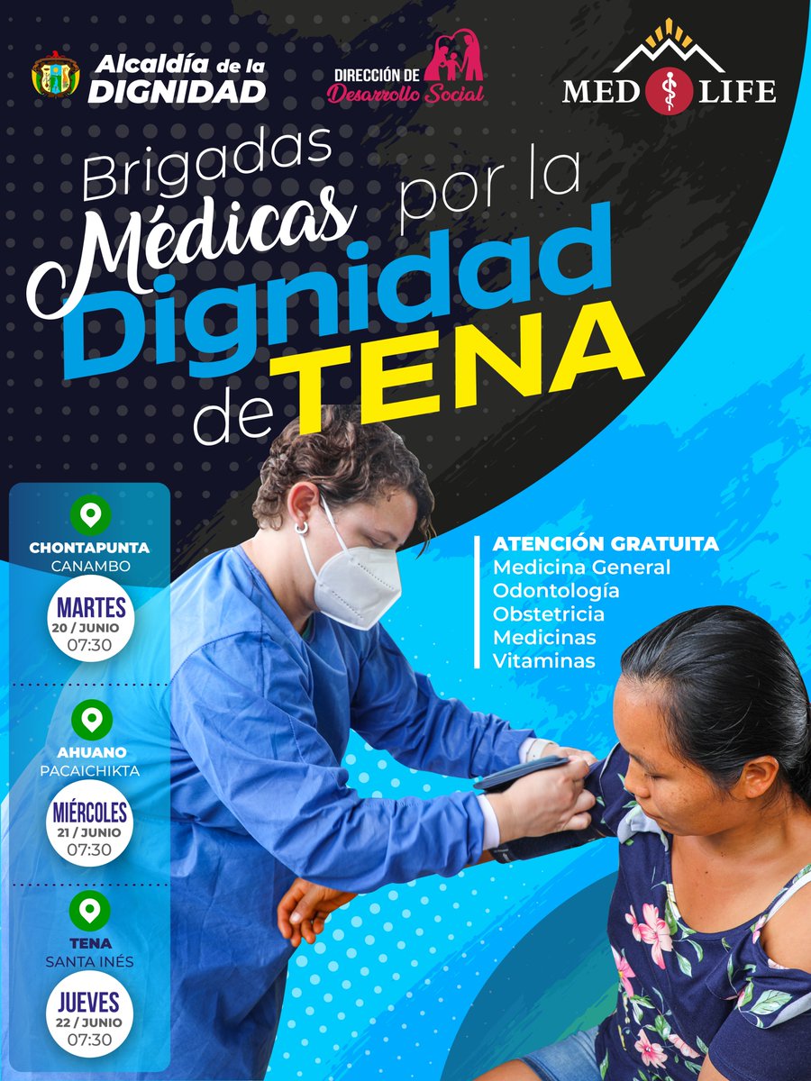 DDSOCIALTENA's tweet photo. BRIGADAS MÉDICAS POR LA DIGNIDAD DE #TENA. La Municipalidad a través de la Dirección de Desarrollo Social y la fundación MED-LIFE ejecutan el Proyecto "Brigadas Médicas por la Dignidad de Tena", a fin de atender las necesidades de nuestra población. https://t.co/KTasoKfmKI