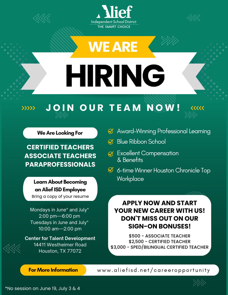 AliefISD's tweet photo. Interested in teaching for the 23-24 school year? Stop by the Alief ISD Center for Talent Development to learn more about our career opportunities. 

📅  Mondays &amp; Tuesdays in June &amp; July
🕙  10am-2pm
📍  14411 Westheimer Rd. Houston, TX 77072
✅ Signing bonuses are available! https://t.co/3wUotQ8XzS