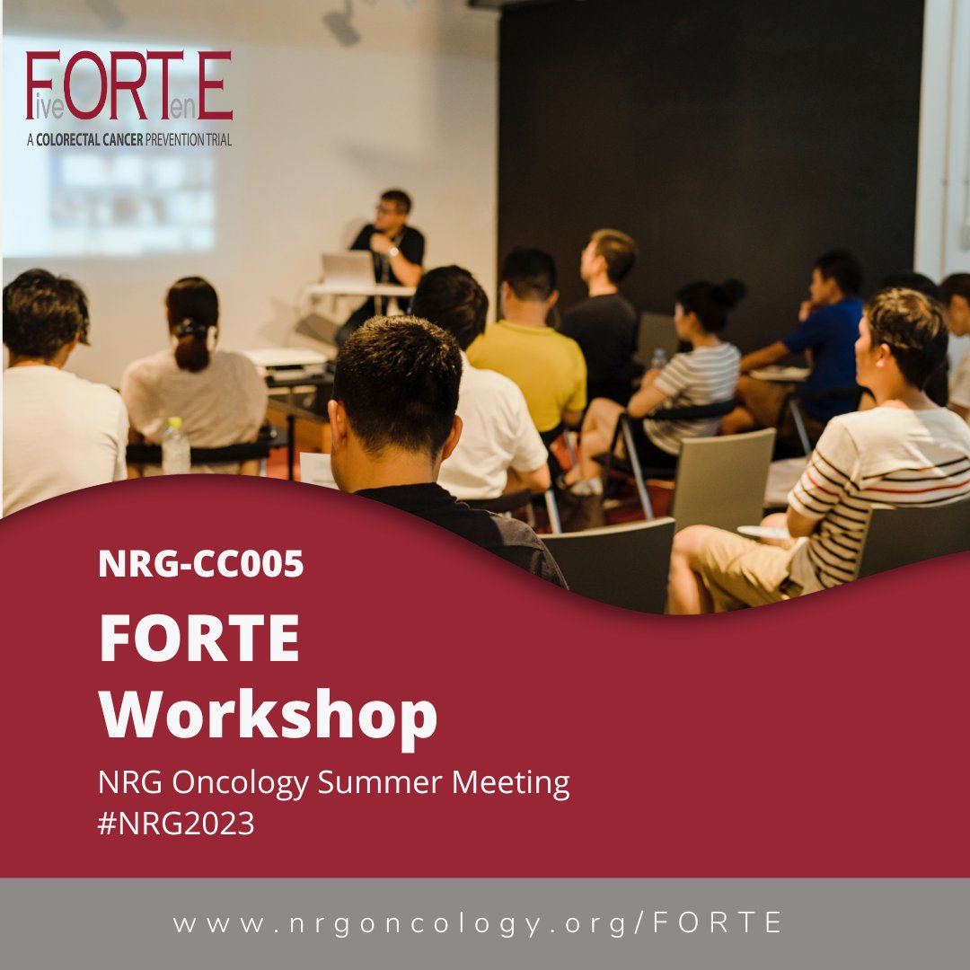The #FORTEStudy Workshop has both in-person and virtual options to get updates on NRG-CC005: nrgoncology.org/2023-Summer-Me… 

#clinicaltrial #clinicaltrials #clinicalresearch #cancerprevention #cancer #coloncancer #colorectalcancer #oncology #NRG2023 #NRG10