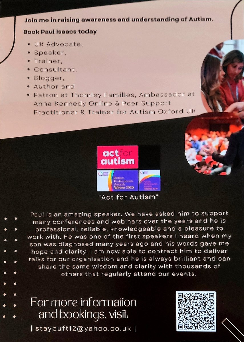 PaulIsaacs22's tweet image. Paul Isaacs Autism Advocate , Trainer &amp;amp; Consultant

This flyer documents my work experience, including being a blogger and author and a lovely quote by Act for Autism 

If you would like to book me please email me at 

staypuft12@yahoo.co.uk

#paulisaacs #bookingdetails #flyer