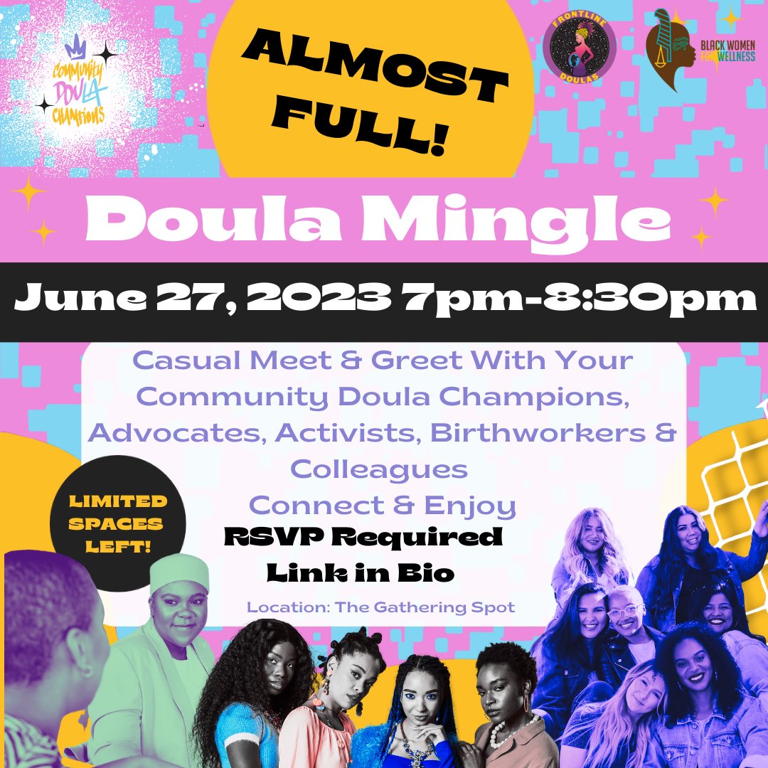 FrontlineDoulas's tweet photo. COMMUNITY DOULA MINGLE
Where: The Gathering Spot (In-Person)
When: 7:00pm-8:30pm RSVP REQUIRED/FREE
*LIMITED SEATS REMAINING! SIGN UP TODAY! Mingle with the amazing Community Doula Champions, advocates, &amp; activists. Ask questions about the #MediCalDoula Benefit https://t.co/MrK5a524xy