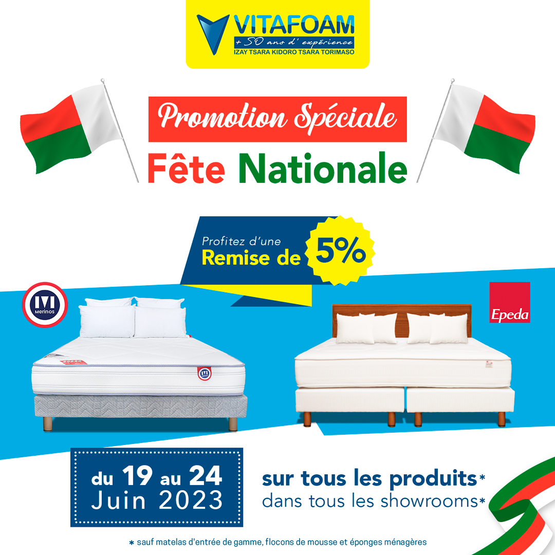 VitafoamM's tweet photo. 🏃 Dépêchez-vous ! Notre Promotion Spéciale Fête de l’Indépendance se termine aujourd’hui! 🇲🇬
Venez profiter de 5% de remise pour tout achat dans l’un de nos showrooms! 
Tous nos produits bénéficient de la promotion! 💯

#indépendance #promotion #pouf #lit #matelas #kidoro https://t.co/RM6GEU2y4w