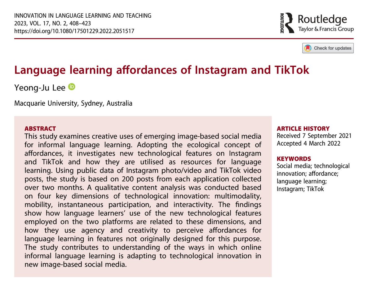 MultilingualSy1's tweet photo. Check out how #Instagram and #TikTok are utilised as resources for #LanguageLearning. Read @YeongCrystal's recent publication on https://t.co/KNCZnfGF2Q https://t.co/MVFJaSuFrF