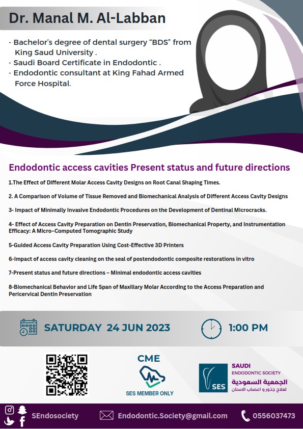 الجمعية السعودية لعلاج جذور وأعصاب الأسنان بدعوتكم لحضور لقاء علمي بعنوان
Journal Club

والتي تقدمها الدكتورة /  منال اللبان
بتاريخ ٢٤ يونيو ٢٠٢٣
الساعه ١:٠٠ م 

شاكرين لكم حضوركم

us02web.zoom.us/webinar/regist…