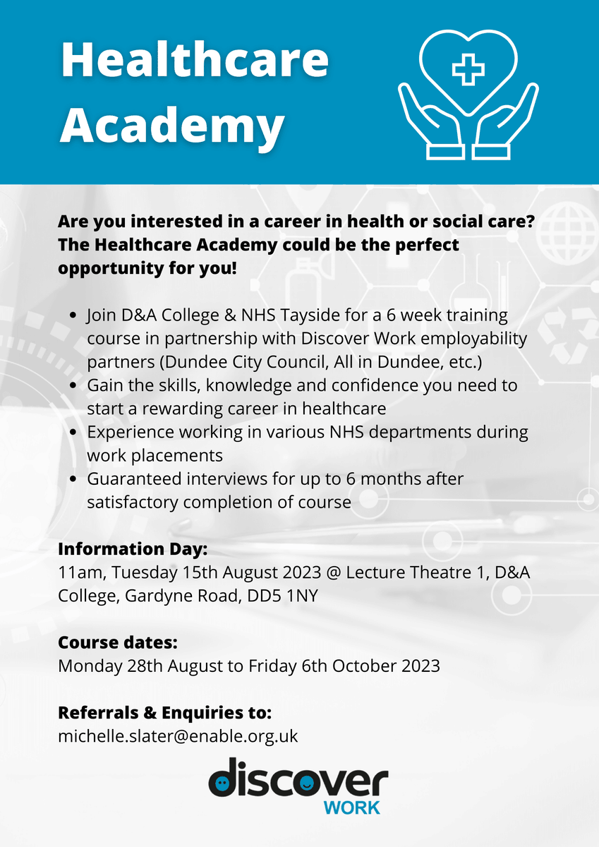 Healthcare Academy, delivered by @dundee_angus and @NHSTayside in partnership with @DWSDundee is now open for referrals and self referrals, contact michelle.slater@enable.org.uk to get involved! @DundeeEmploy @DiscoverOps @AllInDundee