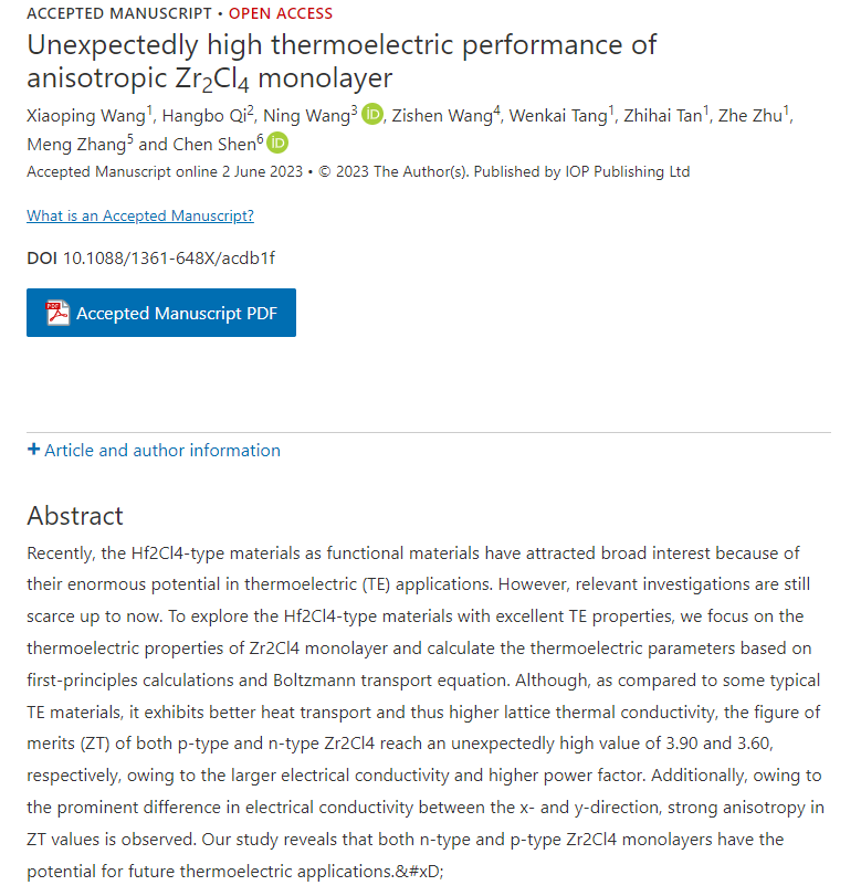 JPhysCM's tweet photo. 📢New Accepted Manuscript in #JPCM! Read more about 'Unexpectedly high thermoelectric performance of anisotropic Zr2Cl4 monolayer' ⚡️🌡️ here: https://t.co/RdHhWoVXy7 @IOPPublishing @IOPmaterials https://t.co/X67eUgEM3G