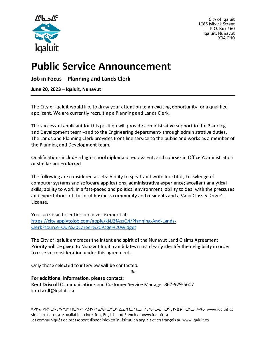Public Service Announcement Job in Focus – Planning and Lands Clerk June 20, 2023 – Iqaluit, Nunavut You can view the entire job advertisement at: city.applytojob.com/apply/kNJ3fAss…