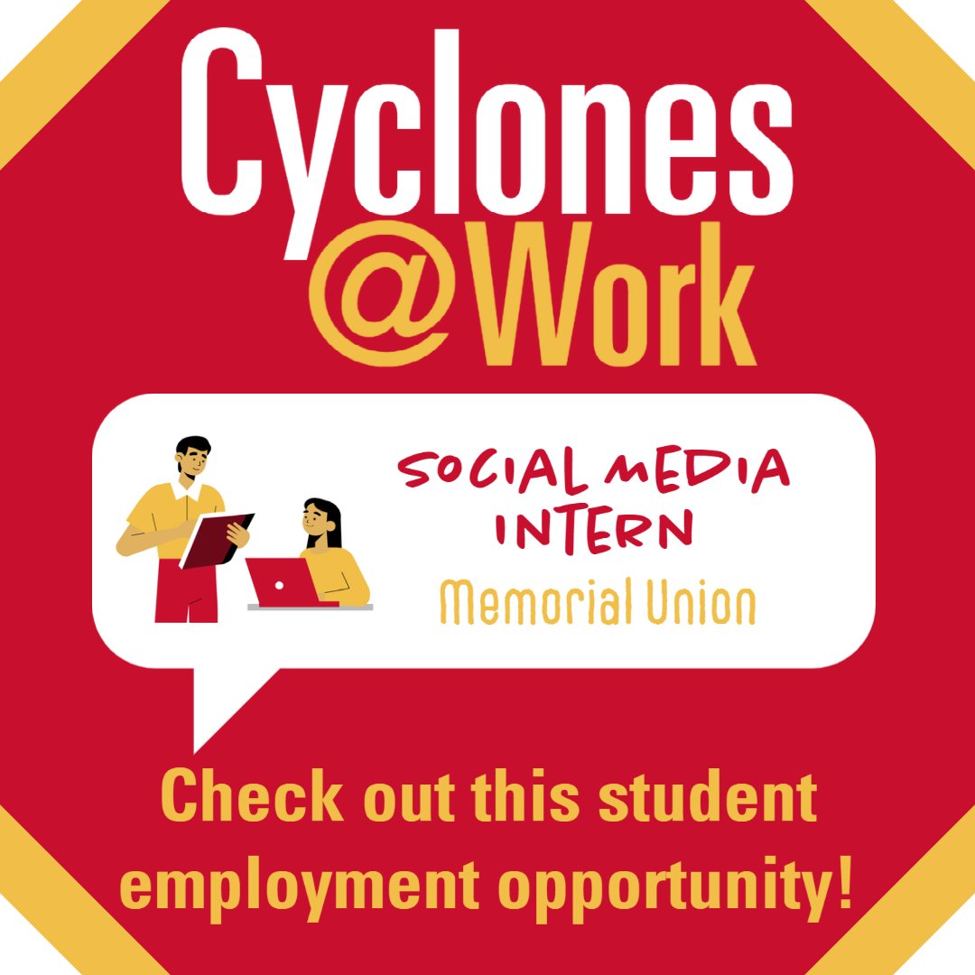 IAStateFinAid's tweet photo. The marketing and graphics team at @my_isu_mu is hiring an individual to serve as a social media intern. If you have a genuine interest in social media and brand management, check out the Student Job Board to apply!
#cyclonesatwork https://t.co/TPkEXI7lmh