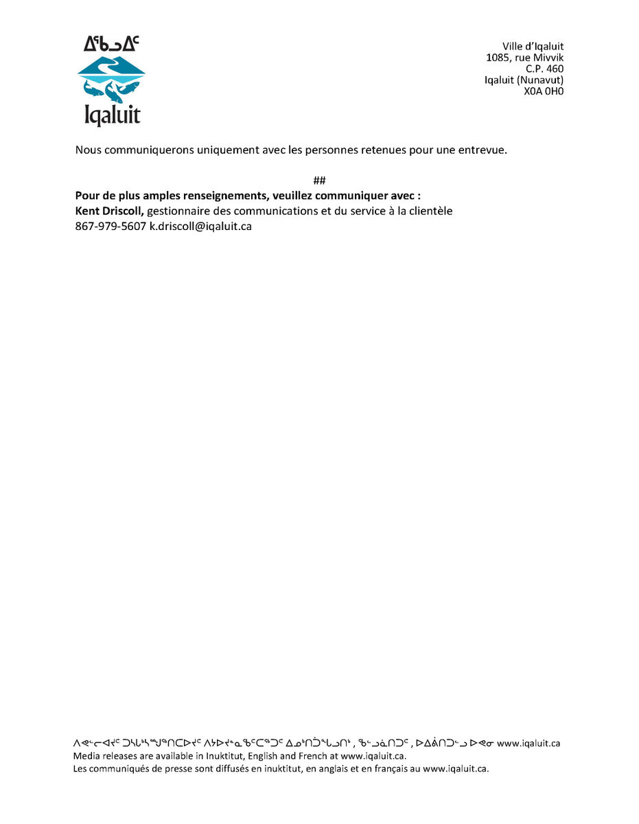 Message d’intérêt public
Offre d’emploi — Commis à l’aménagement et aux terres
20 juin 2023 — Iqaluit, Nunavut

Vous pouvez consulter l’intégralité (en anglais et en inuktitut) de l’offre d’emploi à l’adresse suivante :
city.applytojob.com/apply/kNJ3fAss…