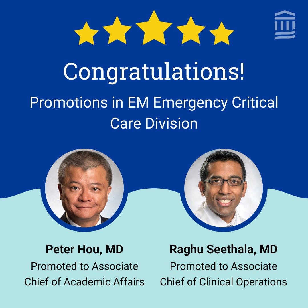 We are thrilled to share two promotions in the @MassGeneralBrigham Division of Emergency Critical Care: Dr. Peter Hou to Associate Chief of Academic Affairs and Dr. Raghu Seethala to Associate Chief of Clinical Operations! Congratulations! #emergencymedicine #MedEd #CriticalCare