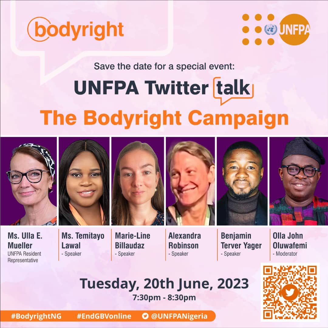 I will be speaking at the Twitter live session of the launch of @UNFPANigeria bodyright campaign at 7:30- 8:30pm

 TODAY

 20th June, 2023.  
Kindly join the discussion on @unfpanigeria using the link below.

x.com/i/spaces/1rdxl…