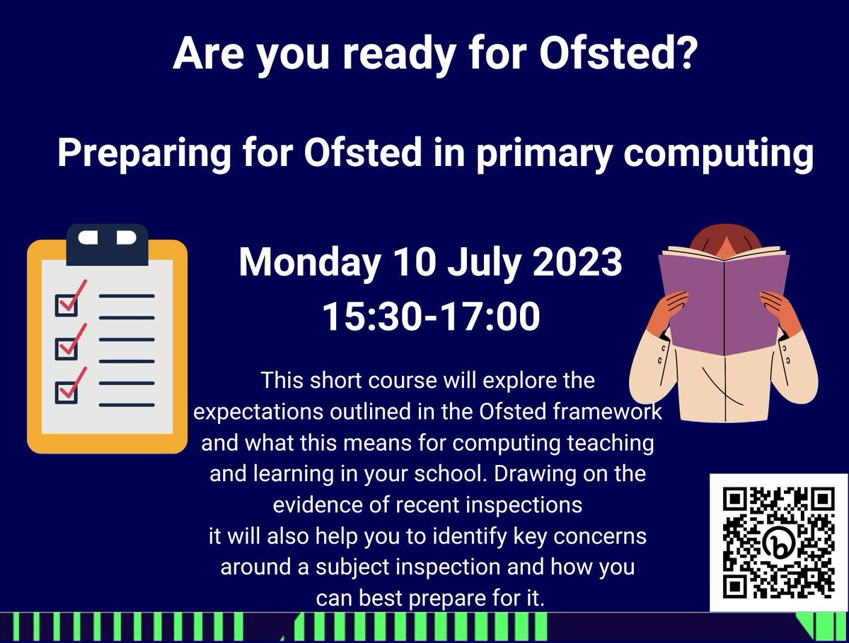 Preparing for #Ofsted in #primarycomputing  
Mon 10 Jul 15:30-17:00 
Find out what to expect from an Ofsted visit and how you can prepare for it as a computing subject lead
link: bit.ly/3PugAIy

#computerscience #computingcpd  #ks1computing #ks2 #caschat #teachcomputing