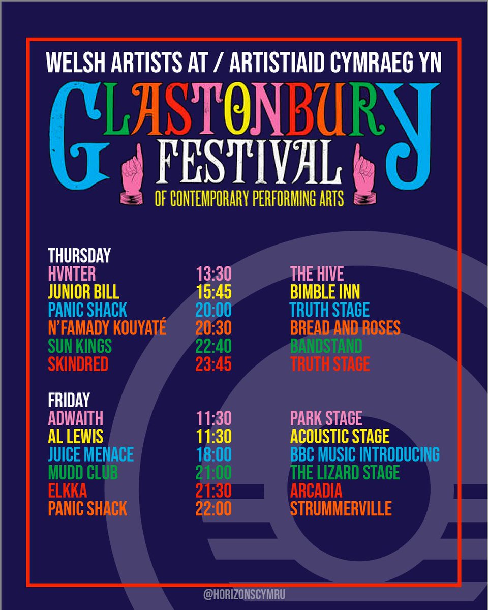 HorizonsCymru's tweet image. 🏴󠁧󠁢󠁷󠁬󠁳󠁿🎪 Glastonbury Pocket Guide 🎪🏴󠁧󠁢󠁷󠁬󠁳󠁿

Lucky enough to be heading to @glastofest this week? We’ve put together a handy guide of the Welsh artists you can find across Worthy Farm during the festival! ⛺️🏴󠁧󠁢󠁷󠁬󠁳󠁿🪩🎶