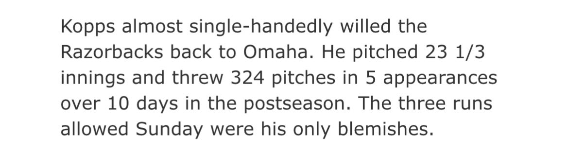 @DCrock53 @BigOrangeHub “There’s no pitch limit, inning limit or rest limit in college baseball”

We saw it with Kopps a couple years ago too.