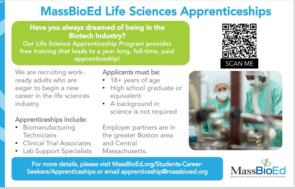 Benefit from the #BioTech and #LifeSciences boom in #Massachusetts! Check out these two #apprenticeship programs offered by @MassBioEd! #biomanufacturing #manufacturing #Biotechnology #HealthcareInnovation @MAWorkforce