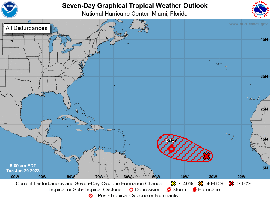 RyanCedergrenWx's tweet image. Tropical Storm Bret is not the only system to keep an eye on, #Invest93 has a high, 70% chance of development over the next couple of days. Models bring Bret into the Carribean and curve Invest 93 further to the north. Both worth keeping an eye on