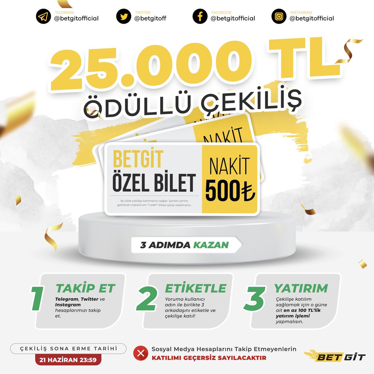 🥳 ÇEKİLİŞ ZAMANI 

50 kişiye tam 500₺ 🤑

Yapman gerekenler ; 
☑️Telegram ve Twitter hesabımızı takip et.
☑️Yoruma kullanıcı adınla 3 arkadaşını etiketle.
☑️Gün içinde min 100₺ yatırım yap.

Çekilişe katılmak için ⬇️

gleam.io/64F7c/betgitte…
