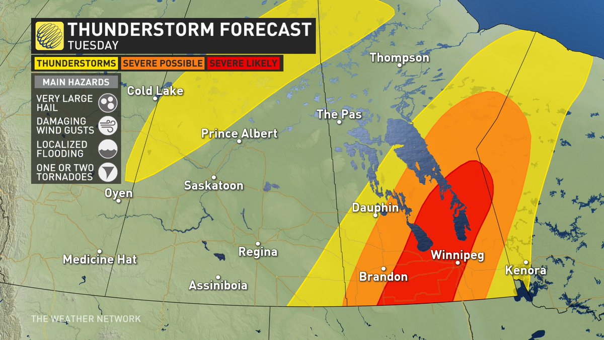 WxMelinda21's tweet photo. Severe storms likely this afternoon into the evening for southern Manitoba. Main threats are very large hail, damaging wind gusts, localized flooding, and the potential for tornadoes #mbstorm #prstorm https://t.co/Vz24tj1eff