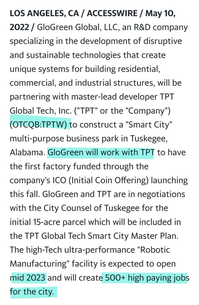 traderjon01's tweet photo. Stock: $TPTW
Price: .0013 x .0014
Reason: In the past 2 years they have received investments and contracts totaling over $1 billion dollars!
The "green smart city" that was announced November 2022 is set to go live in mid 2023 (its June right now)
TPTW received $650 million $$ https://t.co/77gGveX8f5