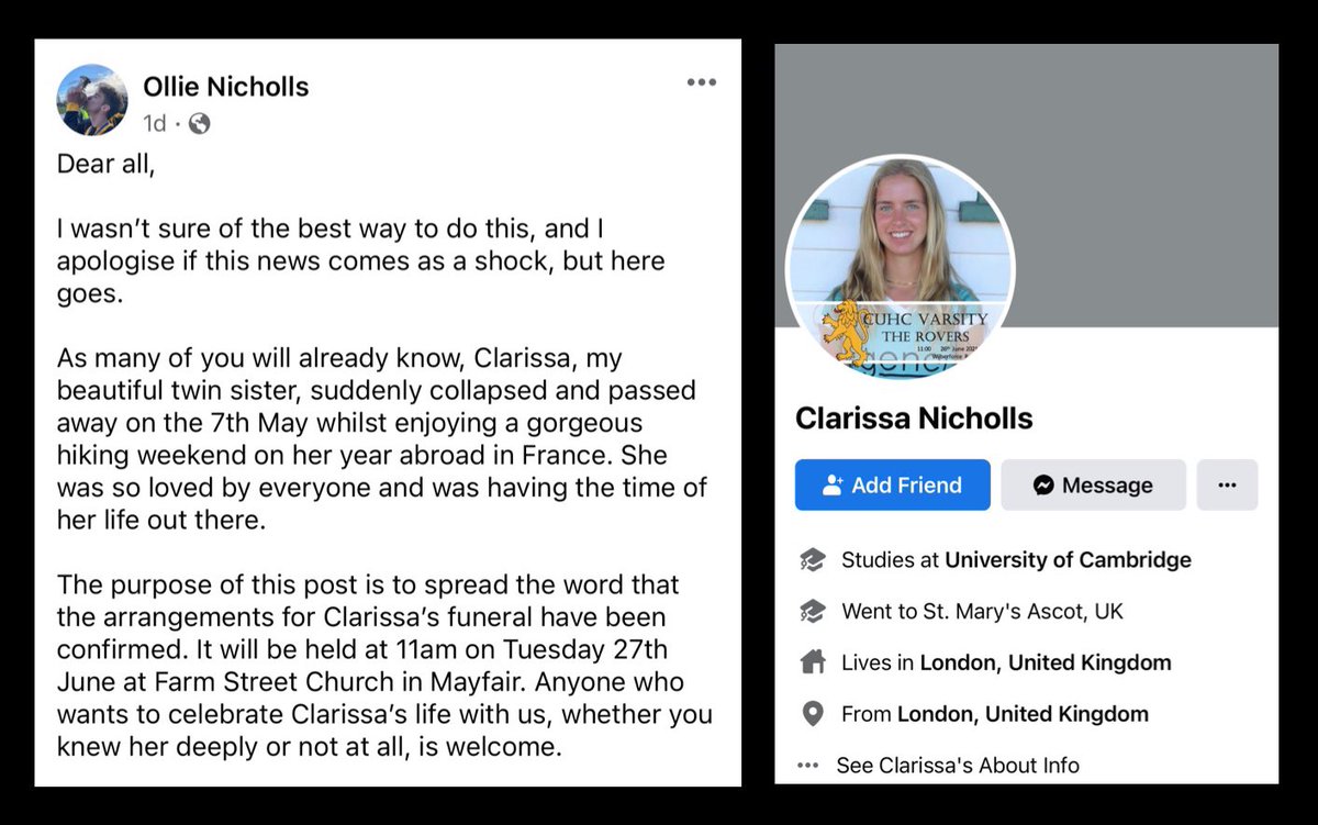 21 year old Clarissa Nicholls collapsed and died while hiking. She was a student at Cambridge University, who required covid vaccination. 

Accountability @Cambridge_Uni