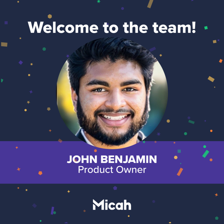 micah_group's tweet photo. 📢 New team member alert 📢

John Benjamin starts with us today as a Product Owner. Welcome to @micah_group! 🙌 https://t.co/yQzRf4PCEK