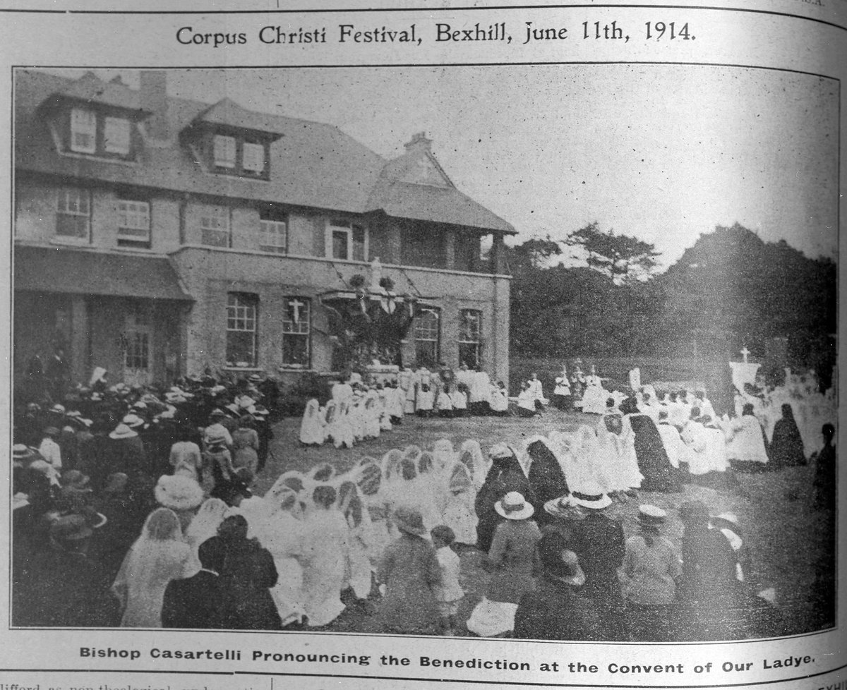 bexhillmuseum's tweet image. "Corpus Christi Festival, Bexhill, June 11th, 1914. Bishop Casartelli Pronouncing the Benediction at the Convent of Our Ladye." Buckhurst Road, #Bexhill #Sussex. From the Bexhill Chronicle 20.6.1914. #Convent #History #1910s