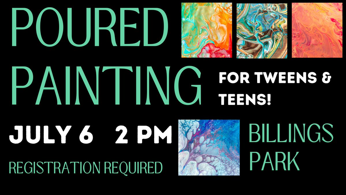 Join us July 6 at 2pm at Pavilion 2 in Billings Park for a poured painting program for ages  12-17! Make a one-of-a-kind poured  painting! Registration is required and space is limited!,Reserve  your spot today! #SuperiorWI #LibraryFun #WisconsinLibraries eventbrite.com/e/poured-paint…