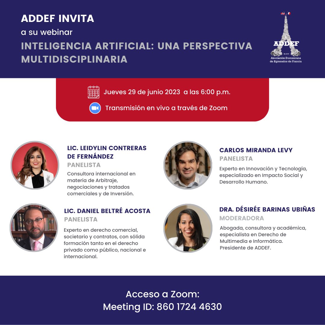 addef_rd's tweet photo. ADDEF tiene el honor de presentar su próximo Webinar “Inteligencia Artificial: Una perspectiva Multidisciplinaria”. 

Te invitamos a participar registrándote en el siguiente link: https://t.co/i6MpiYOWgz

¡Te esperamos! https://t.co/F6wXTF6ths