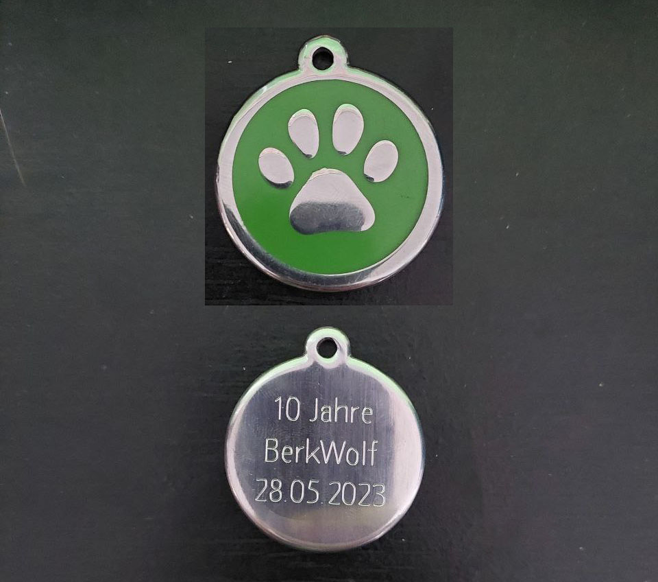 It is done. And here is the proof. After my 24 h stream on #Twitch, the community, by eagerly donating bits and donates, had given me the task to order a green harness / collar and dog tag. You torment me with the green^^ Thanks guys😋 #Harness & #collar made by @skipp_wolf ❤️