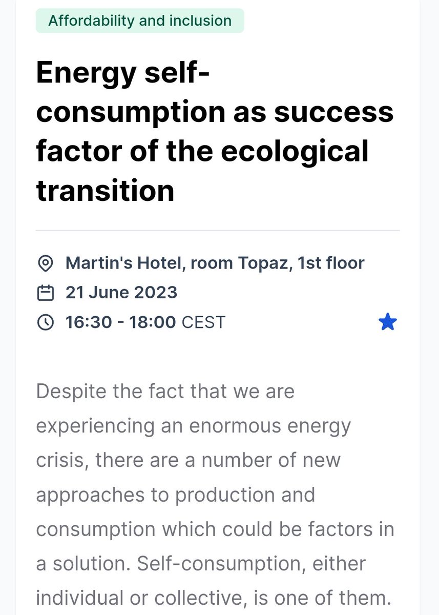 Tomorrow (21 June) I'll be speaking in the panel 'Energy self-consumption as success factor of the ecological transition' at the European Union Sustainable Energy Week #EUSEW2023. It will be at 16h30 CET in Brussels, but also broadcasted online ⚡🌿

➡️ interactive.eusew.eu/eusew-2023/ses…