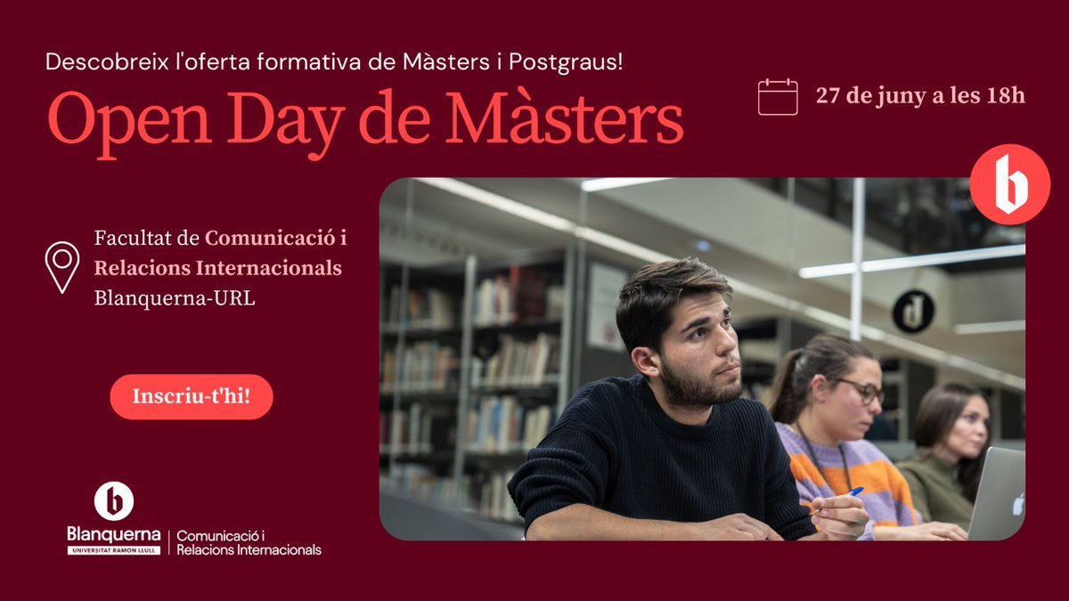 🗣️ El proper 27 de juny tens una cita amb l'Open Day de Màsters. Obrim les portes a tots aquells estudiants que estinguin interessats en els àmbits de la comunicació i les relacions internacionals. T'explicarem tots els detalls, podràs conèixer els nostres professors i estudiants