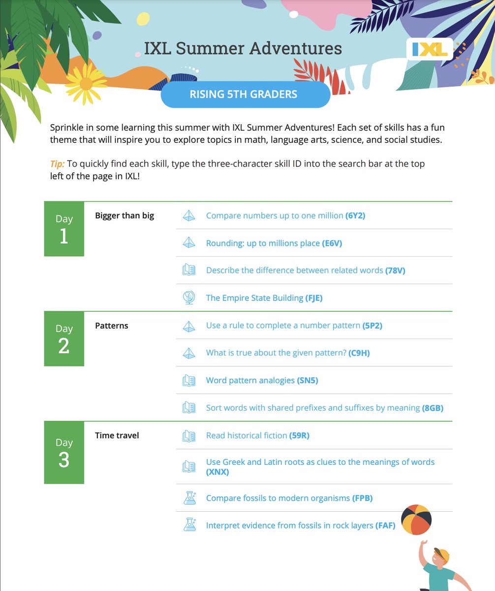 Summer is here and so are the <a href="/IXLLearning/">IXL Learning</a> summer resources! My favorites are the Summer Adventures, day-by-day plans for each grade with skills to prevent the summer slide and keep students engaged all summer long. Check out all our summer resources here: ixl.com/resources/lear…