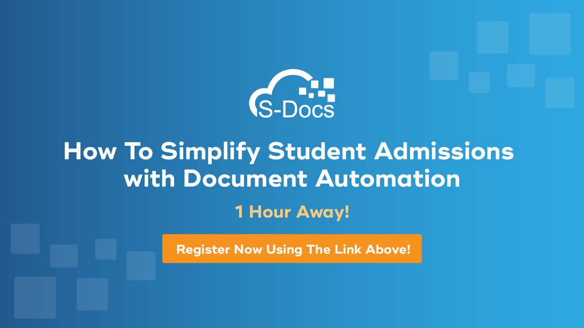 Sdocs's tweet image. Today’s the day! Join us in one hour for exclusive tips on simplifying &amp;amp; streamlining student admissions in #HigherEd with #DocumentAutomation for #EducationCloud. You can still register here! bit.ly/3pYAnVW