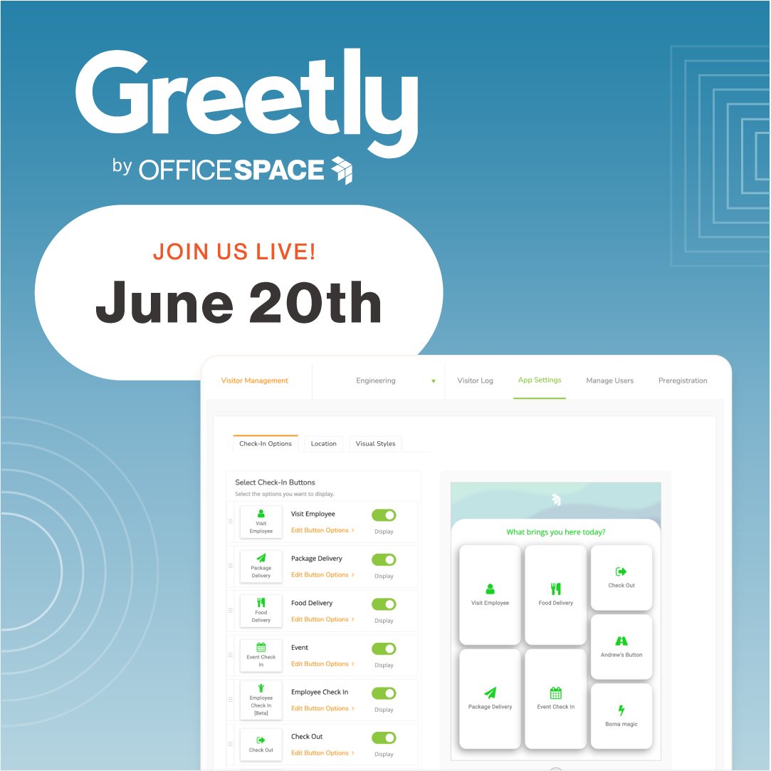 Want to get the most out of your space, and connect the people in it? 🤔 Look no further than Greetly by OfficeSpace!

Book your spot for our live demo TODAY, June 20th at 5pm EST! 👉 hubs.li/Q01TcKr-0

#virtualassistant #visitorexperience #visitormanagement #hybridwork