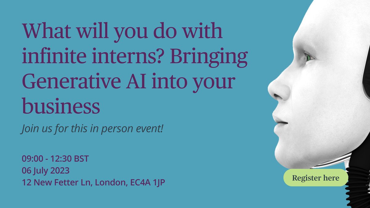 Join us in our London office on Thursday 6 July! Our team of experts, along with industry figures from <a href="/TasoAdvisory/">Taso Advisory (acquired by Milltown Partners)</a> and <a href="/AnthropicAI/">Anthropic</a>, will cover what #GenerativeAI has to offer and the practical steps you can take to harness its potential. Register here: 2bird.ly/3qNKFIZ