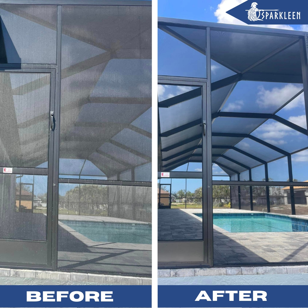 Keep your pool area looking sparkling clean with our professional pool deck and pool cage cleaning service.🏊sparkleen.us 

#SparkleenFL #PressureWashing #WindowWashing #RoofSoftWashing #PaverSealing #FortMyers #Naples #Spotless #poolcleaning #poolservice