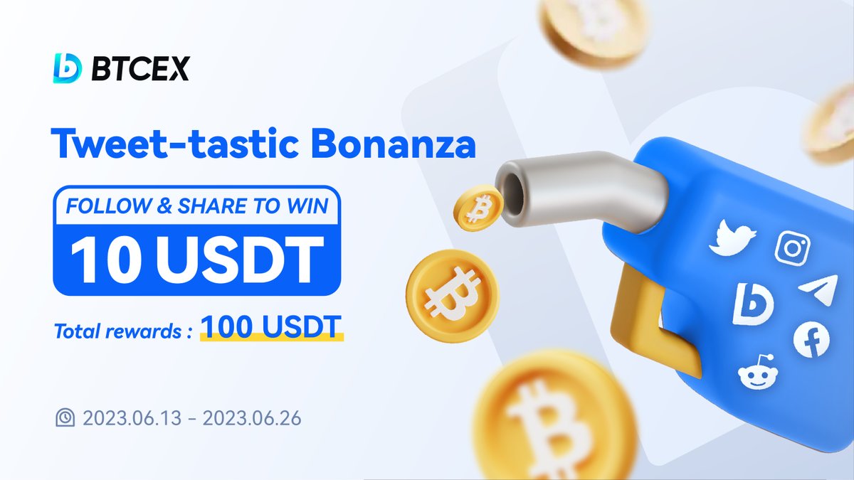 🚀 Join the exciting Twitter journey! Follow @BTCEX_exchange for a chance to win 10 USDT! 🎁💰 👥 Mention 3 friends in the comments! 👥 🔄 Retweet this post with #BTCEXBonanza! 🔄 📆 Campaign runs from June 13th to June 28th, 2023 #USDT #Giveaway #BTCEX