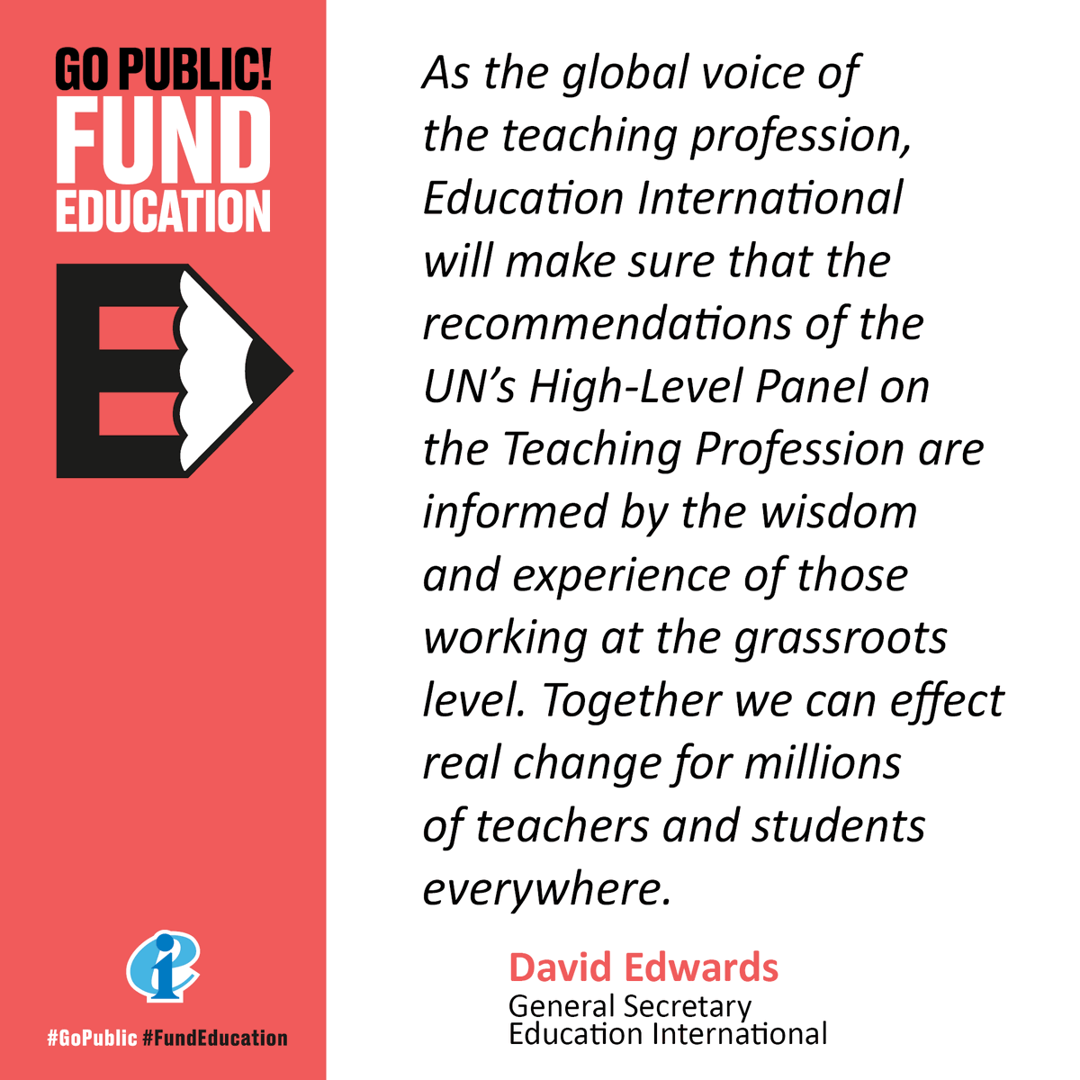 The establishment of the UN’s High-Level Panel on the Teaching Profession is a great victory for teachers everywhere.  

It is time for our voices to be heard.

 #GoPublic ✏️ #FundEducation 

@daveswords