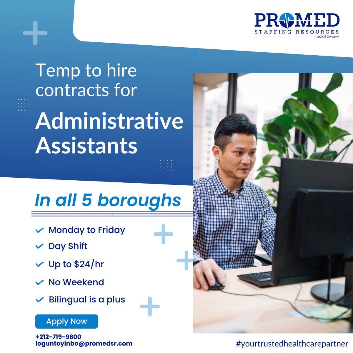 Are you a skilled #administrativeassistant with #healthcareexperience? Don't let this enticing #opportunity pass you by! Reach out to Loreta at (212) 719-9600 Ext. 304 or send your resume to loguntoyinbo@promedsr.com 

#clericaljobs #promedsr #yourtrustedhealthcarepartner