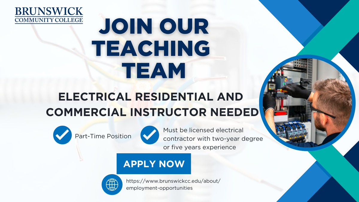 Brunswick_CC's tweet image. Are you a licensed electrical contractor and looking for a new challenge? If so, we invite you to apply for the part-time Electrical Residential and Commercial Instructor position at BCC. Visit brunswickcc.edu/about/employme…!

#ElectricalContractor #parttimeinstructor #YOUcanBCC