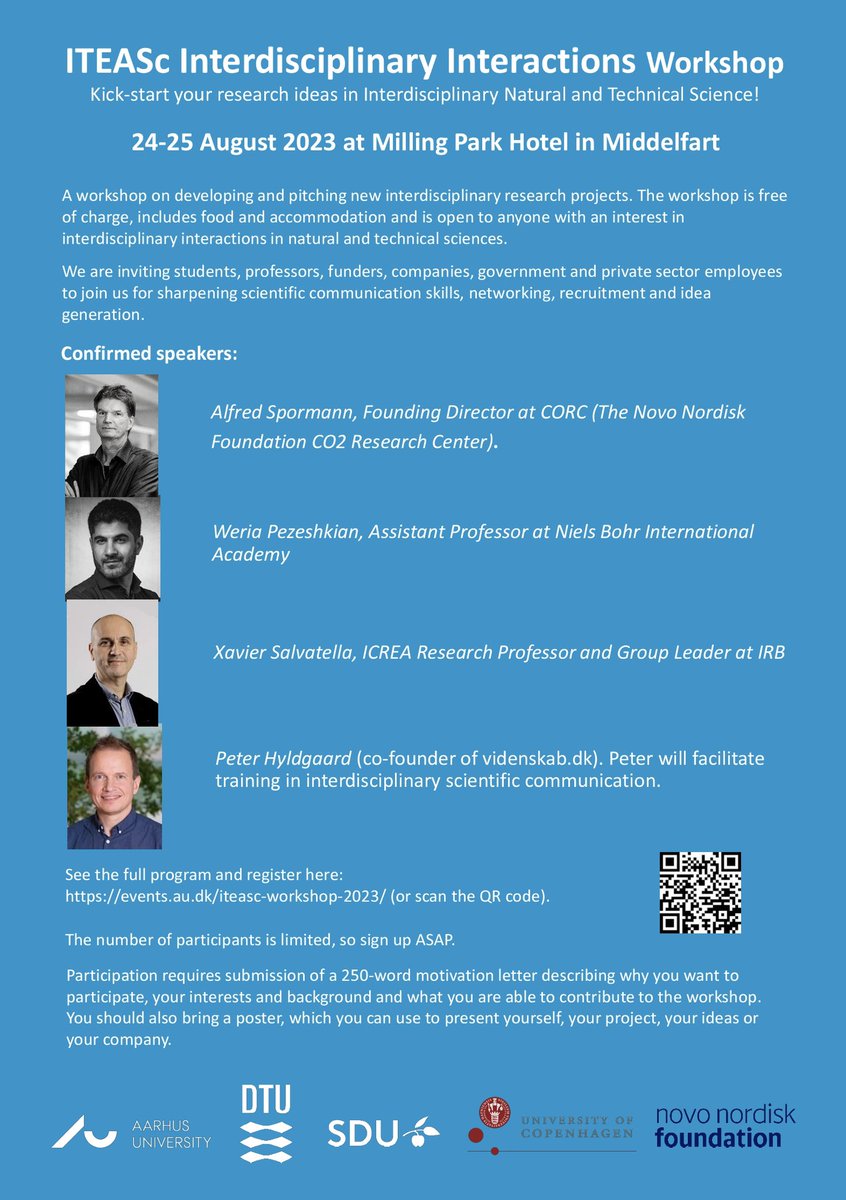 Kresten Lindorff-Larsen (@lindorfflarsen) on Twitter photo Kick-start your research ideas in Interdisciplinary Natural and Technical Sciences—join us at the ITEASc Interdisciplinary Interactions Workshop
Talks by Alfred Spormann <a href="/CORC_CO2/">CORC_CO2</a>, <a href="/WPezeshkian/">Weria Pezeshkian</a> & <a href="/xsalvatella1/">xavier salvatella</a>, & <a href="/VidPeter/">Peter Hyldgård</a> teaching science communication
events.au.dk/iteasc-worksho… Kick-start your research ideas in Interdisciplinary Natural and Technical Sciences—join us at the ITEASc Interdisciplinary Interactions Workshop
Talks by Alfred Spormann <a href="/CORC_CO2/">CORC_CO2</a>, <a href="/WPezeshkian/">Weria Pezeshkian</a> & <a href="/xsalvatella1/">xavier salvatella</a>, & <a href="/VidPeter/">Peter Hyldgård</a> teaching science communication
events.au.dk/iteasc-worksho…