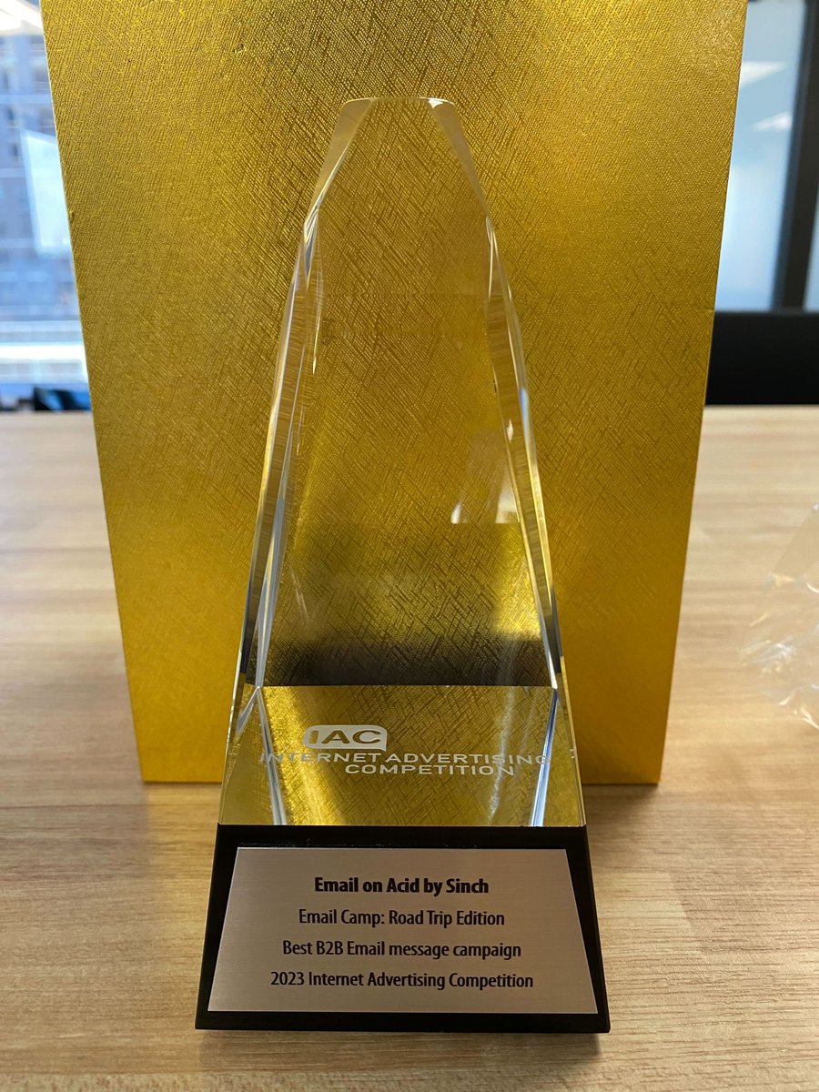 Back in April, Email on Acid by Sinch won the Internet Advertising Competition Award for Best B2B Email Message Campaign — and we’ve finally got our hands on the trophy! 🤩 🏆

Read more about our winning #EmailCamp: Road Trip Edition campaign. 👇  
hi.sinch.com/jbrS50OSBz0