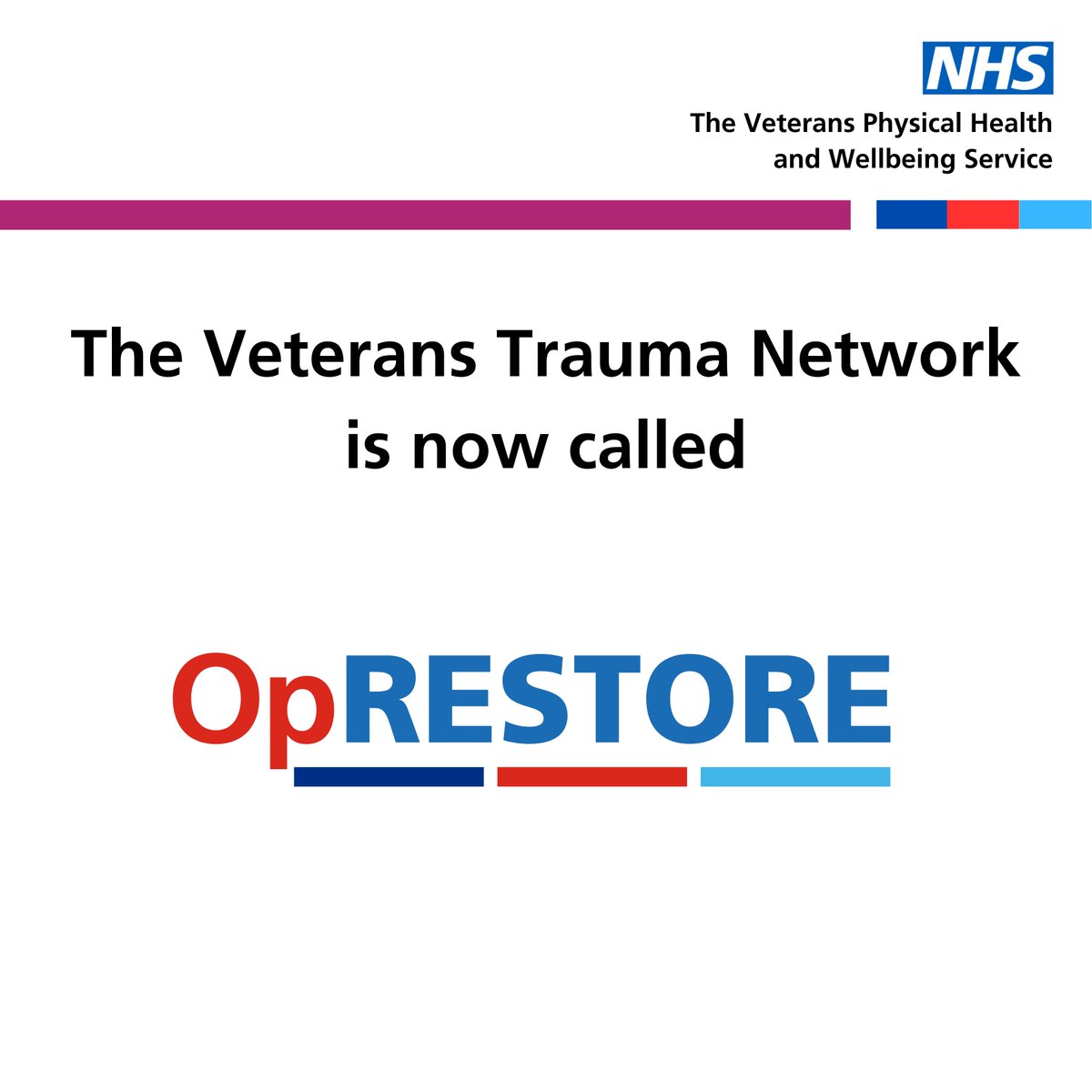 The Veterans Trauma Network has been renamed Op RESTORE: The Veterans Physical Health and Wellbeing Service. If you have served in the UK Armed Forces and have a physical illness/injury due to your Service, your GP can refer you. @NHSEngland @ImperialNHS #OpRestore #Veteran #NHS
